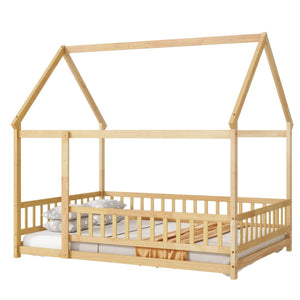 English Elm Twin House Shaped Floor Bed Solid Rubberwood Frame with Guardrails for Kids W504P370560