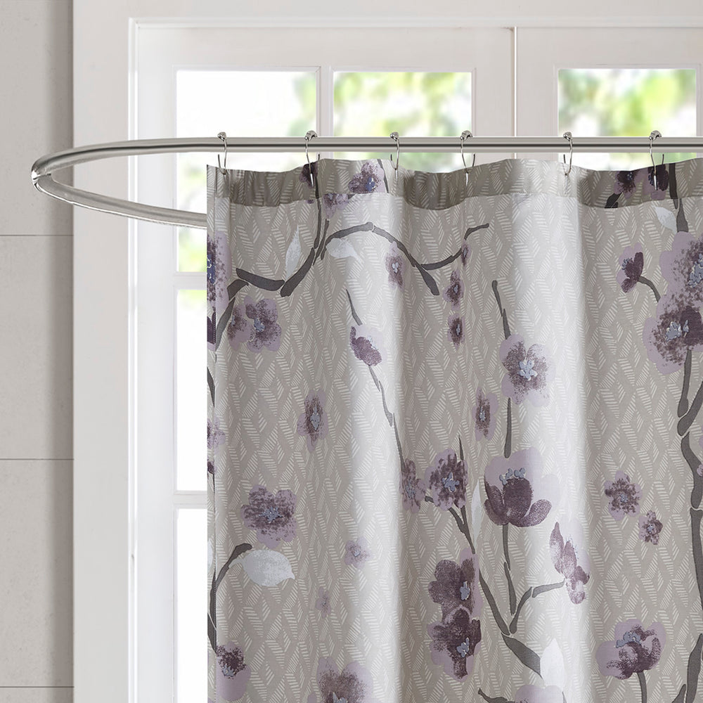 JLA Home Madison Park - Cotton Madison Park Holly Cherry Blossom Shower Curtain 100% OEKO‑TEX Cotton 72x72 Purple Grey Floral Elegance MP70-4172