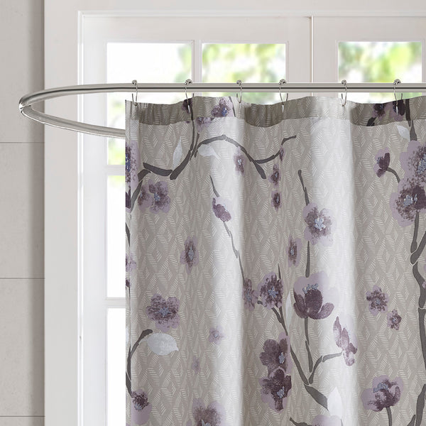 JLA Home Madison Park - Cotton Madison Park Holly Cherry Blossom Shower Curtain 100% OEKO‑TEX Cotton 72x72 Purple Grey Floral Elegance MP70-4172