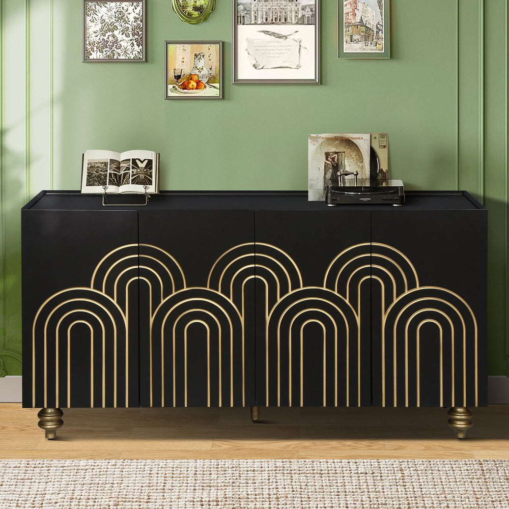 English Elm Modern Fluted Four Door Sideboard Matte Black Glam Cabinet with Gold Accent Feet W1445P256479