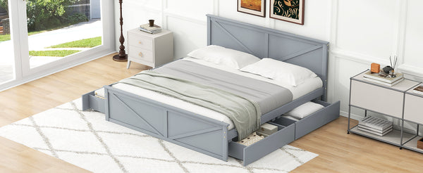 English Elm King Solid Wood Platform Bed with 4 Under-Drawers, Gray King Size Frame, Sturdy Slats, 500lb Capacity SM000537AAE