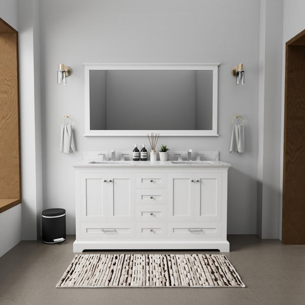 English Elm White Double Bath Vanity 60" W With 58" Mirror - Elegant Design, Ample Storage & Easy Installation B2731S00490-GIGA