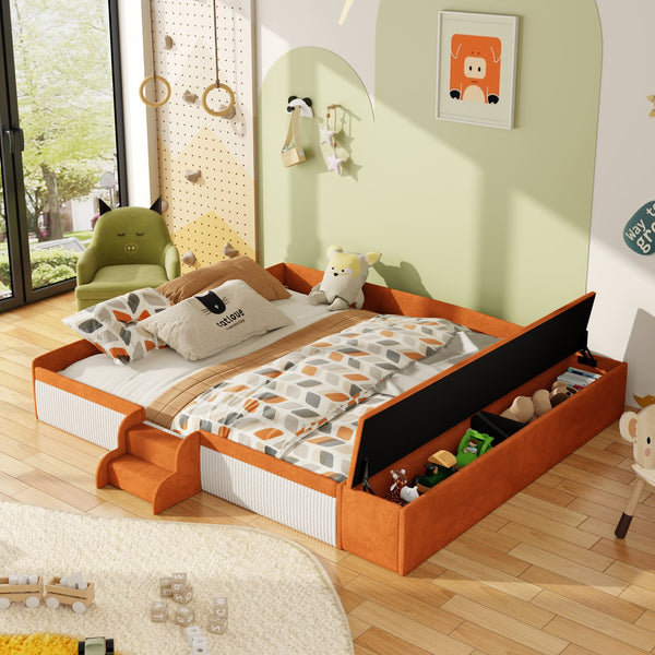 English Elm King Velvet Kids Platform Bed with Padded Guardrails Staircase and Storage Ottoman Brown+White SF000204AAD