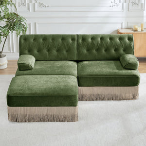 English Elm L-shaped Velvet Sectional Sofa Tufted Chesterfield Style with Tassel Skirt for Living Room Green W714S01704