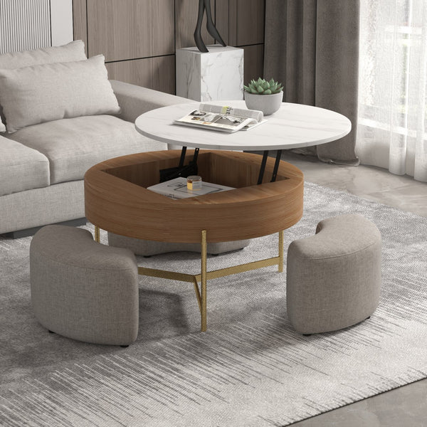 English Elm Vita Modern 31.5" Round Lift-Top Coffee Table Set with Iron Legs and Storage Shelves, Stylish Brown B341S00044