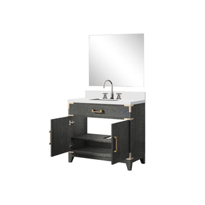 English Elm Black Oak Single Bath Vanity Set With White Quartz Top, 34" Mirror & Chrome Faucet For Stylish Storage B2731S02220