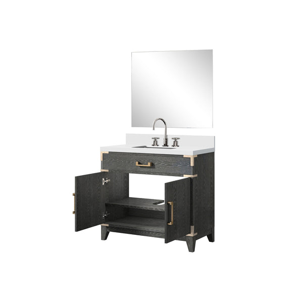 English Elm Black Oak Single Bath Vanity Set With White Quartz Top, 34" Mirror & Chrome Faucet For Stylish Storage B2731S02220