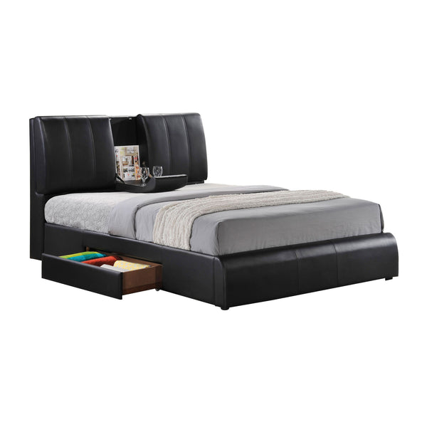 English Elm Kofi Black PU Leather Storage Bed King with Hidden Headboard Tray, Reversible Side Drawer, 13 Slats B2726S00472