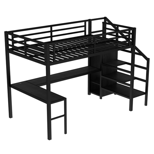 English Elm Full Size Pine Loft Bed House Frame with Slide Bookshelves and Moon Star Rails W1580S00286