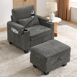 English Elm Single Chenille Manual Recliner with Usb Port Hidden Storage Ottoman and Cup Holders Gray W487P423648