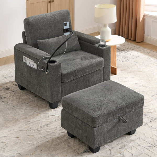 English Elm Single Chenille Manual Recliner with Usb Port Hidden Storage Ottoman and Cup Holders Gray W487P423648