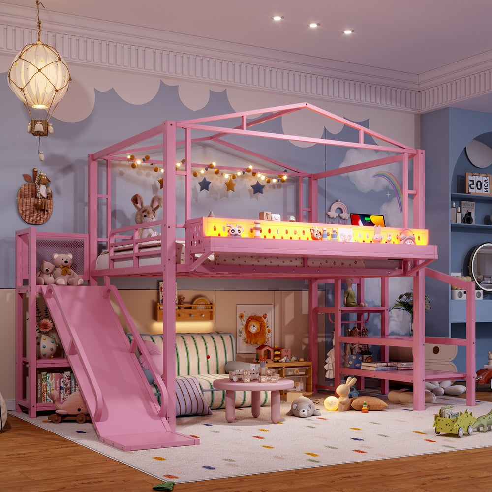 English Elm Twin Metal Loft Bed with Built-in Wardrobe Storage Stairs Led Lights and Usb Ports W5316S00048
