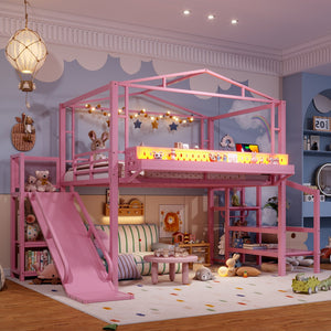 English Elm Twin Metal Loft Bed with Built-in Wardrobe Storage Stairs Led Lights and Usb Ports W5316S00048