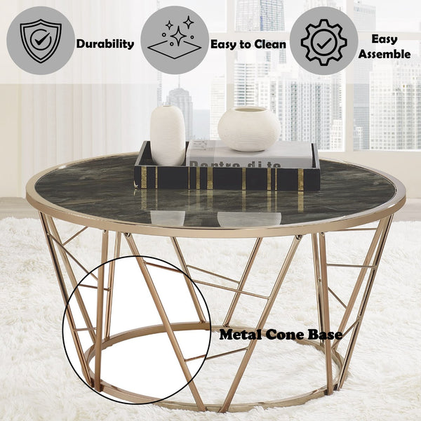 English Elm Cicatrix Round Glass Top Coffee Table with Champagne Metal Cone Base and Faux Black Marble Accent B2726P281465