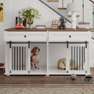 English Elm 63'' Farmhouse Double Dog Crate Furniture with Wood Grain Mdf Build and Storage Drawers W2557P231672