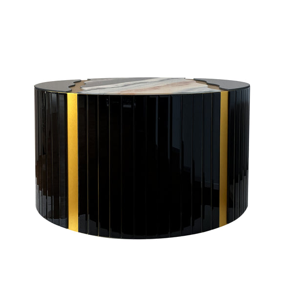 English Elm Black Round Mirrored Glass Coffee Table Gold Sunburst Glam Accent for Living Room Black W3836P382373