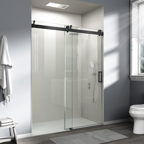English Elm 56" Frameless Sliding Shower Door Tempered Glass Soft Close Matte Hardware Alcove Fit Matte Black W1920P385324