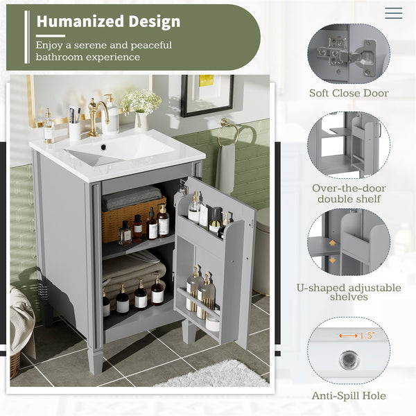 English Elm 20" Gray Bathroom Vanity with Ceramic Sink, Soft-Close Door, U-Shaped Adjustable Shelf & Door Storage Rack for Small Spaces N729P299364E