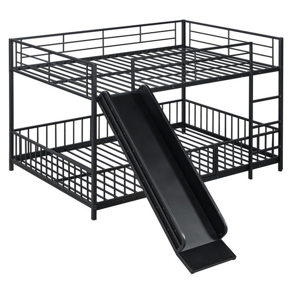 English Elm Full Full over Full Metal Bunk Bed with Slide, Interchangeable Stairs, Gate & Safety Guardrails for Kids Black SF000170AAB