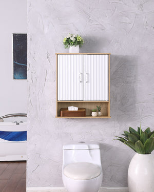English Elm Bathroom Wall Cabinet White & Natural Wood with Wavy Doors, Adjustable Shelf, Bottom Storage, Easy Install W3151P288945