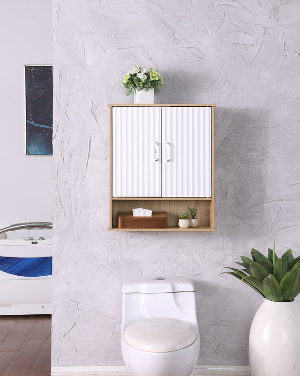 English Elm Bathroom Wall Cabinet White & Natural Wood with Wavy Doors, Adjustable Shelf, Bottom Storage, Easy Install W3151P288945