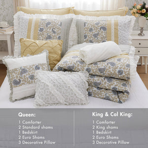 English Elm 9 Piece Cotton Percale Comforter Set - Timeless Yellow Cottage Charm With Elegant Paisley Design B03597197