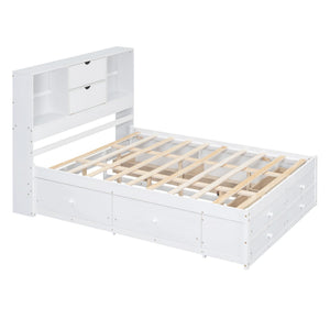 English Elm Queen Platform Bed Solid Pine Frame with Storage Headboard and Eight Organizer Drawers White GX000453AAK-1