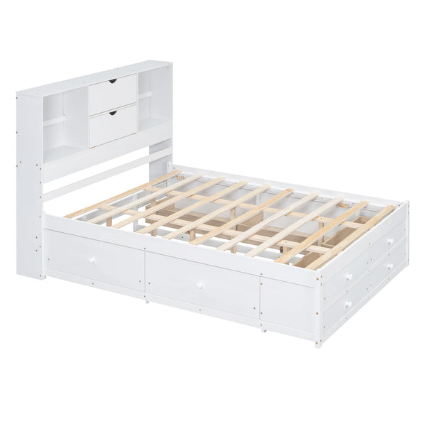 English Elm Queen Platform Bed Solid Pine Frame with Storage Headboard and Eight Organizer Drawers White GX000453AAK-1