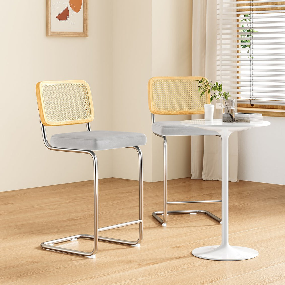 English Elm Counter Velvet Bar Stools Set of 2 with Rattan Back, Cantilever 26" Armless Counter Chairs, Light Grey, Anti-Slip Protector, Easy Assemble T3623P379870