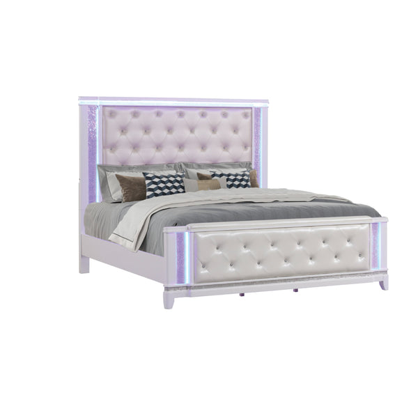 English Elm Opium Queen Bed with Tufted LED Headboard, Milky White Upholstery, Glam Hollywood Style, Durable Build B009S01014