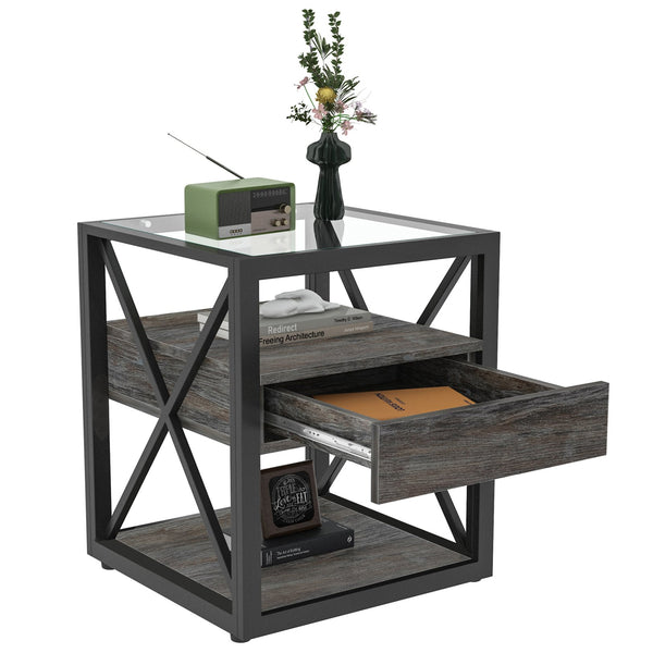 English Elm 1 Modern End Table With Drawer - Industrial Rustic Wood & Glass Nightstand, Compact Storage Solution W241P246916