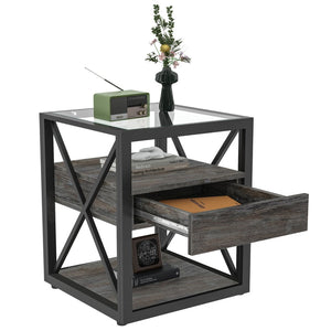 English Elm Set Of 2 Modern End Tables With Drawer - Rustic Industrial Side Tables For Bedroom & Living Room Storage W241P246927-GIGA