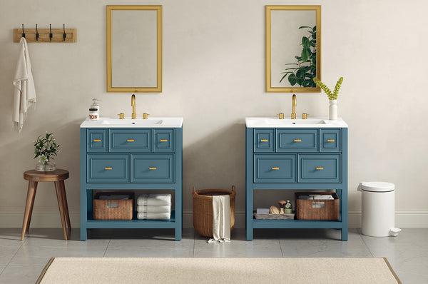 English Elm 60'' Bathroom Vanity Set With Ceramic Sink – Stylish Freestanding Storage Cabinet In Blue Finish N710SS00004C