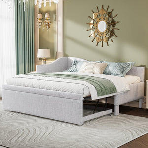 English Elm Twin L-shaped Linen Upholstered Daybed with Hydraulic Pop-up Trundle for Guest Rooms Beige SF000193AAA-1
