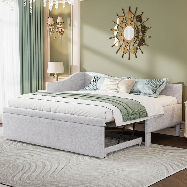 English Elm Twin L-shaped Linen Upholstered Daybed with Hydraulic Pop-up Trundle for Guest Rooms Beige SF000193AAA-1