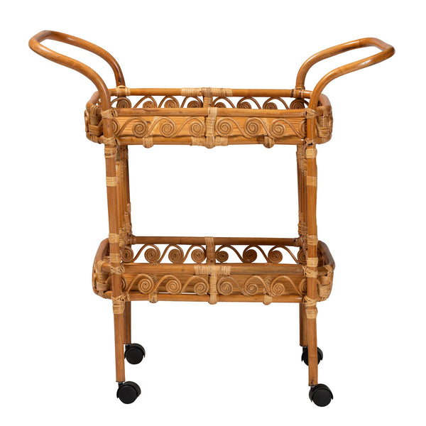 English Elm Modern Rattan Kitchen Cart with Slatted Shelves Bohemian Woven Storage on Wheels B2750P467708