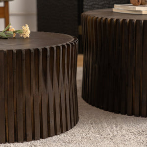 English Elm Vintage Cylindrical Nesting Coffee Table Set, Textured Embossed Wood Accent Tables for Living Room Dark Brown W757P195739