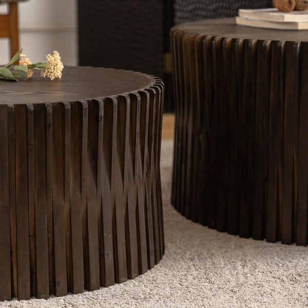 English Elm Vintage Cylindrical Nesting Coffee Table Set, Textured Embossed Wood Accent Tables for Living Room Dark Brown W757P195739