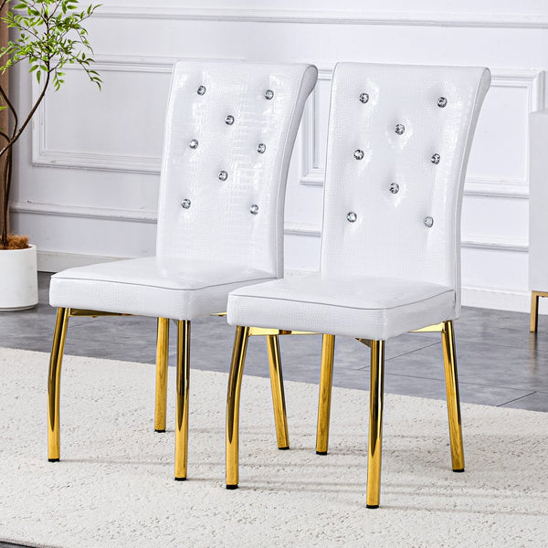 English Elm Set of 4 Glam Faux Leather Dining Chairs with Crystal Buckle and Gold Tone Legs White+Gold W3226P311059