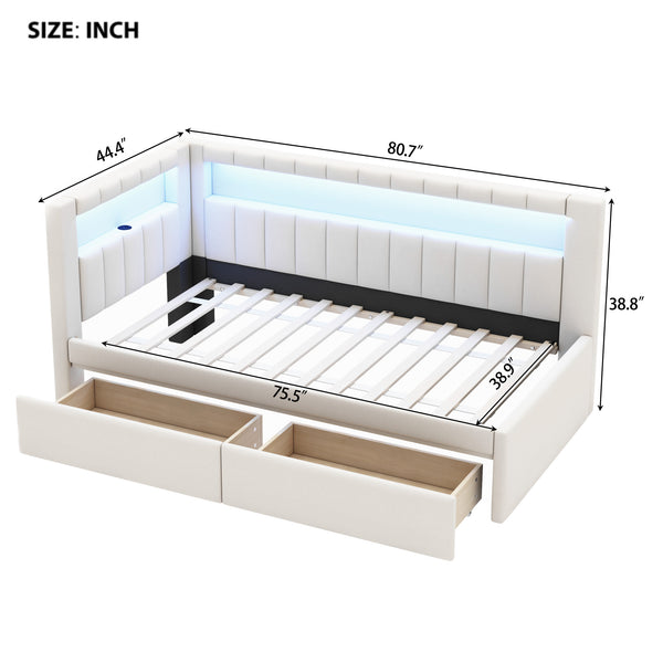 English Elm Upholstered Twin Platform Bed with USB Ports, LED Light Belt, Linen Backrest & 2 Storage Drawers White DL001926AAK