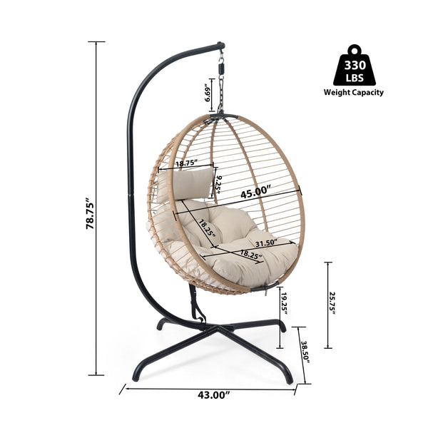 English Elm Christopher Knight Home® - Sora Beige-Brown Wicker Hanging Chair with Stand — Durable PE Rattan, Iron Frame, Plush Fade-Resist Cushion N775P225487B