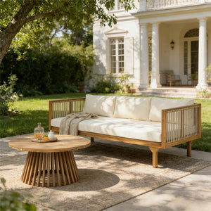 English Elm 2-piece Outdoor Acacia Patio Sofa Set with Rope Back and Round Coffee Table Beige,Light Brown,Teak N770P354675B_N770P234486F
