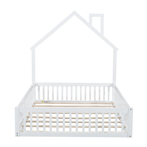 English Elm Wood House Platform Bed Full Size with Guardrail & Playful Frame, Sturdy Pine, Kid-Safe Design White N709P171852K