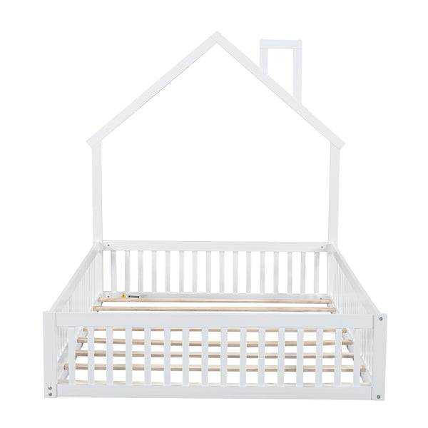 English Elm Wood House Platform Bed Full Size with Guardrail & Playful Frame, Sturdy Pine, Kid-Safe Design White N709P171852K