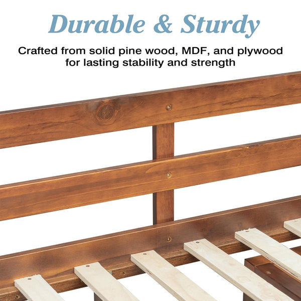 English Elm Twin Over Full Bunk Bed Solid Pine Frame with Built-in Slide and Storage Staircase Walnut W504S00286