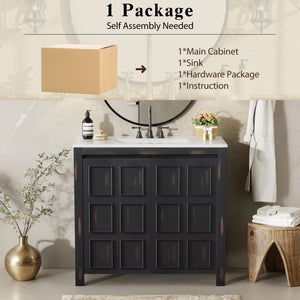 English Elm 36" Bathroom Vanity Organizer with Ceramic Sink, Solid Wood Distressed Finish, Hand-Painted Charm and Ample Storage Espresso N729P255666P