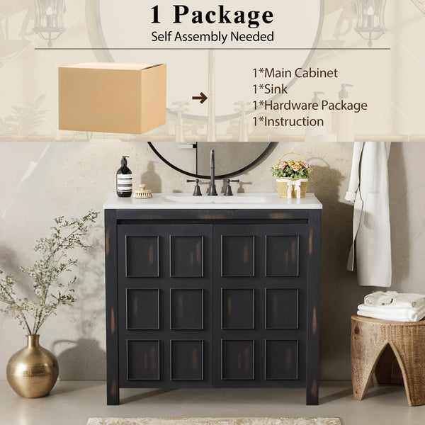 English Elm 36" Bathroom Vanity Organizer with Ceramic Sink, Solid Wood Distressed Finish, Hand-Painted Charm and Ample Storage Espresso N729P255666P