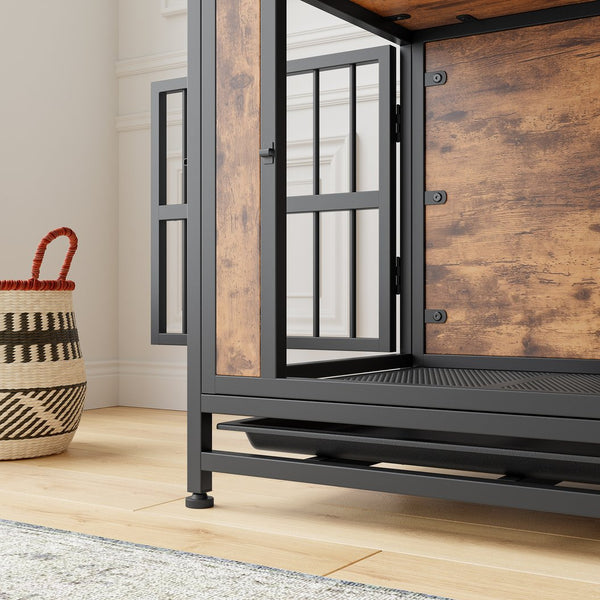 English Elm Dog Crate Furniture Wooden Kennel with Iron Frame Dual Sliding Doors Indoor Side Table W840P203065