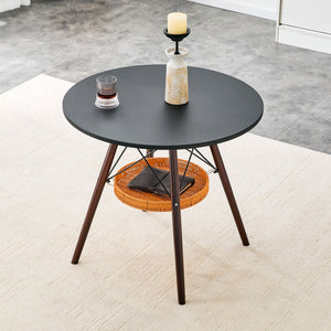 English Elm 31.5-inch Round Dining Table Solid Legs Woven Basket Storage Compact Modern Minimalist Walnut+Black W1151P431130