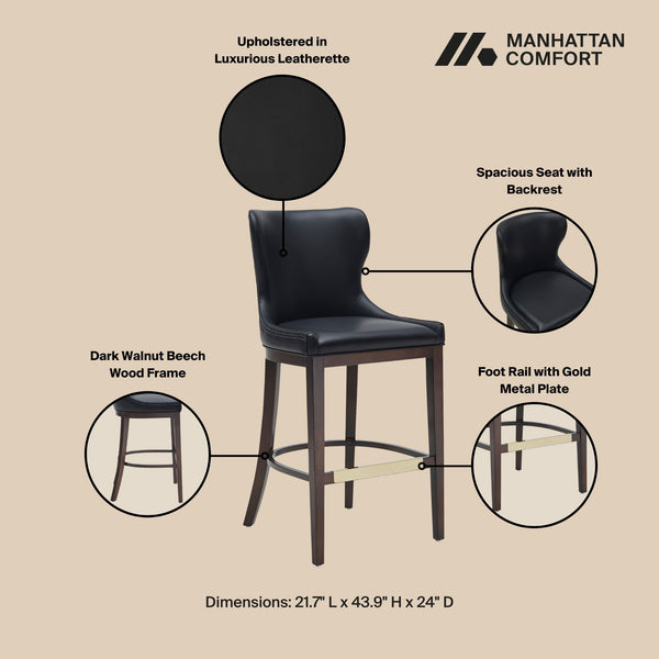 English Elm Blair Wood Upholstered Barstool: Elegant Black Design With Wingback Support & Gold Accents, Fully Assembled B365P398072